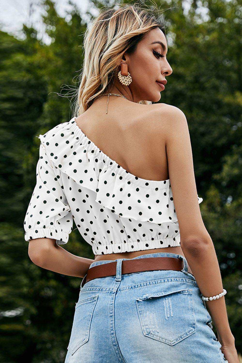 Polka Dot One-Shoulder Ruffled Crop Top - Trendsi - Flyclothing LLC