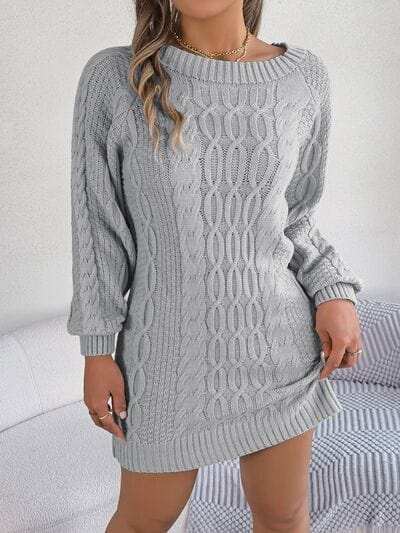 Cable-Knit Round Neck Sweater Dress - Trendsi - Flyclothing LLC