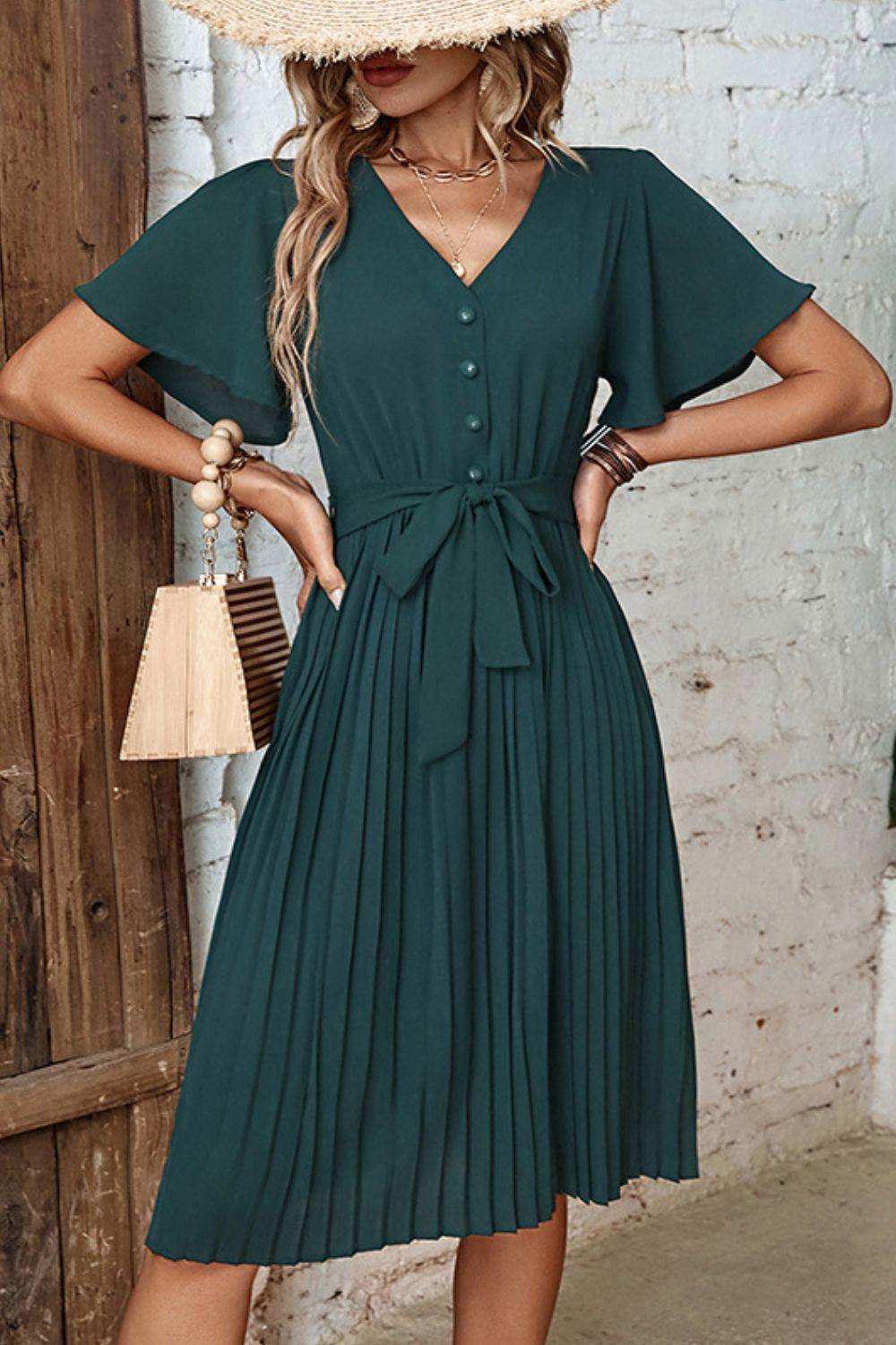Buttoned V-Neck Flutter Sleeve Pleated Dress - Trendsi - Flyclothing LLC