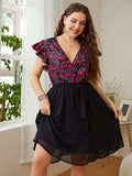 Plus Size Floral Surplice Neck Flutter Sleeve Dress - Trendsi - Flyclothing LLC