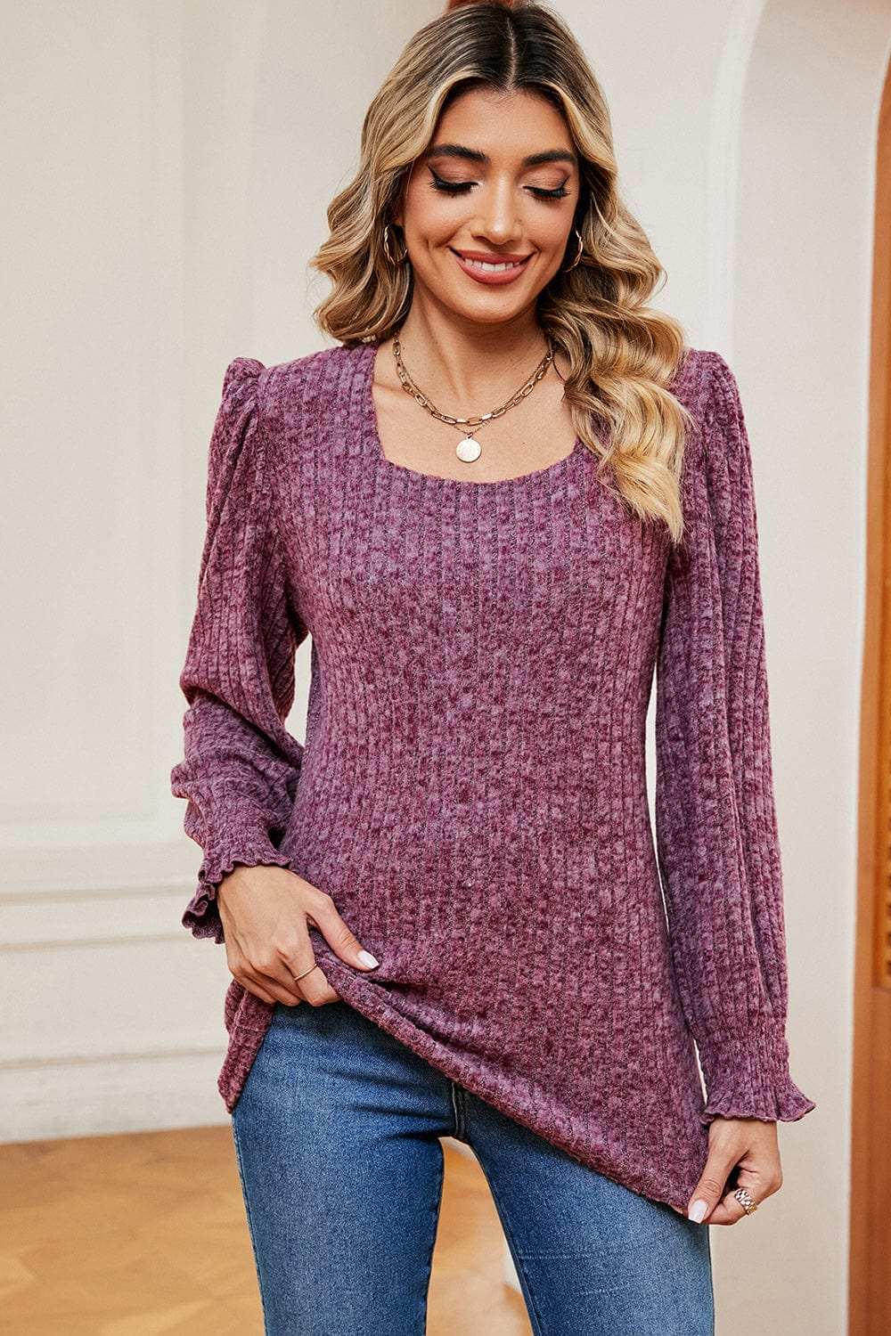 Square Neck Flounce Sleeve T-Shirt - Trendsi - Flyclothing LLC