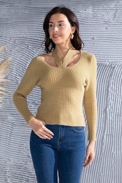 Halter Neck Long Sleeve Sweater - Trendsi - Flyclothing LLC