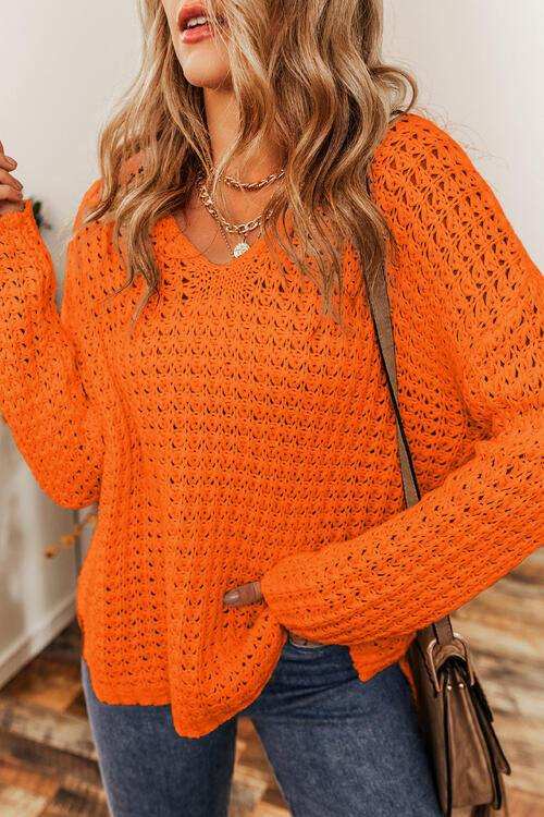 Openwork Round Neck Long Sleeve Sweater - Trendsi - Flyclothing LLC
