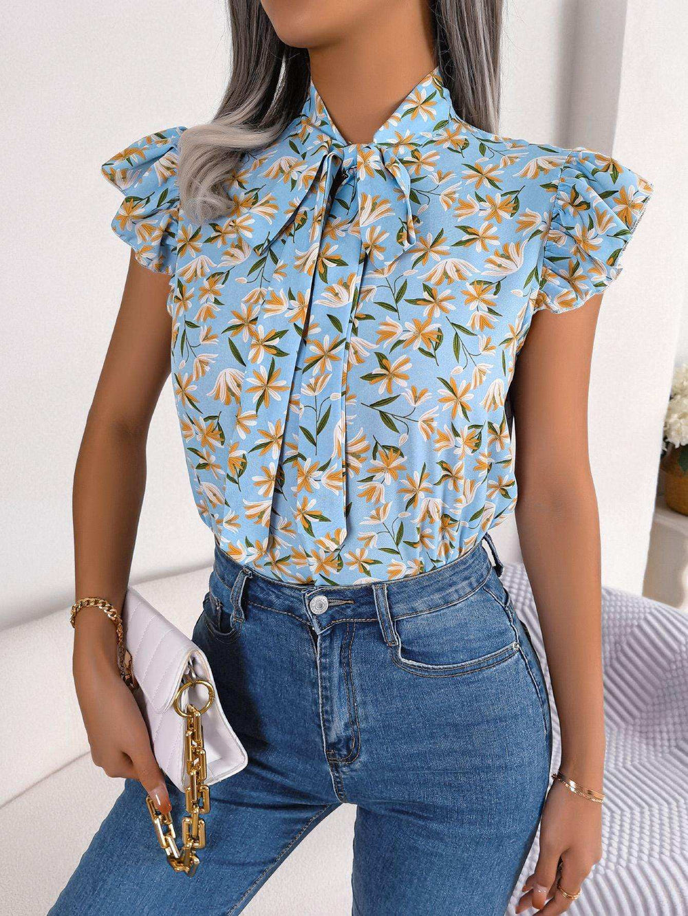 Floral Tie Neck Flutter Sleeve Blouse - Trendsi - Flyclothing LLC