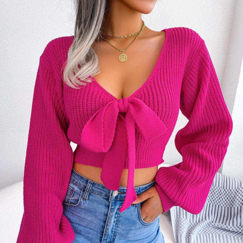 Tie-Front Rib-Knit Cropped Sweater - Trendsi - Flyclothing LLC