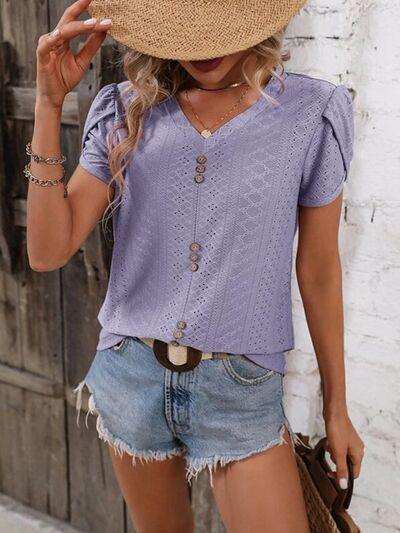 Eyelet V-Neck Petal Sleeve T-Shirt - Trendsi - Flyclothing LLC
