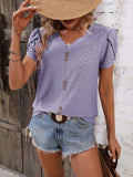 Eyelet V-Neck Petal Sleeve T-Shirt - Trendsi - Flyclothing LLC