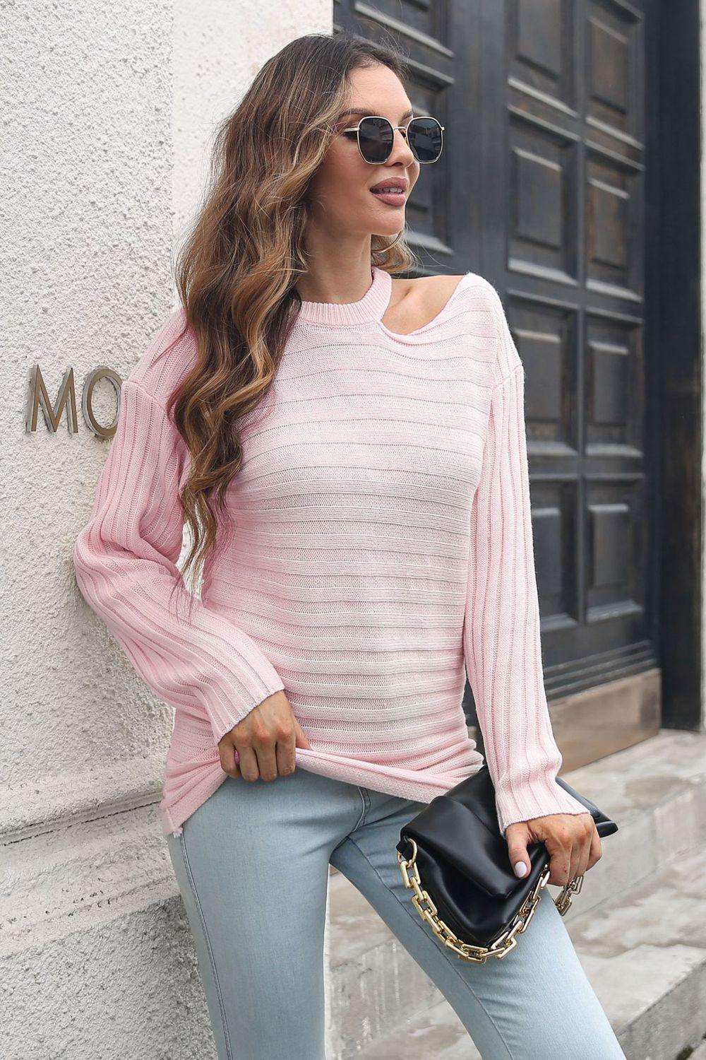 Ribbed Cold Shoulder Round Neck Pullover Sweater - Trendsi - Flyclothing LLC