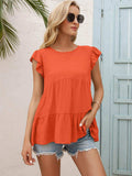 Round Neck Flutter Sleeve Tiered Blouse - Trendsi - Flyclothing LLC