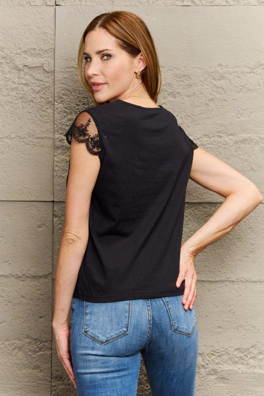 Lace Trim Cap Sleeve Blouse - Trendsi - Flyclothing LLC