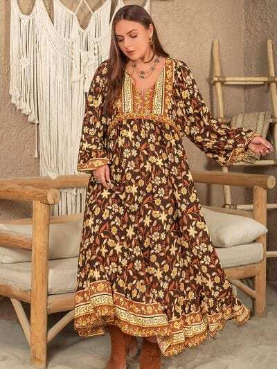 Plus Size Printed V-Neck Balloon Sleeve Dress - Trendsi - Flyclothing LLC