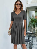 Pleated V-Neck Short Sleeve Tee Dress - Trendsi - Flyclothing LLC