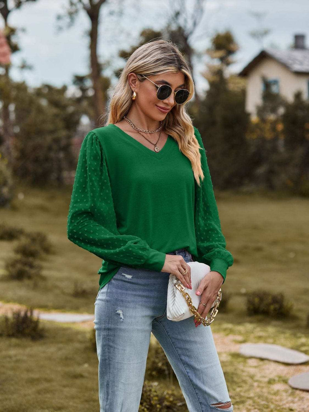 Swiss Dot V-Neck Long Sleeve Blouse - Trendsi - Flyclothing LLC