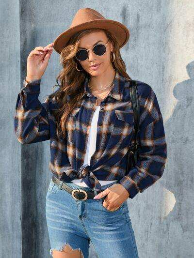 Plaid Button Up Pocketed Shirt - Trendsi - Flyclothing LLC