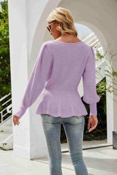 (No)Ribbed Round Neck Lantern Sleeve Sweater - Trendsi - Flyclothing LLC