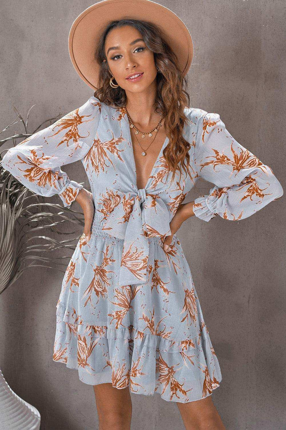 Floral Deep V Flounce Sleeve Mini Dress - Trendsi - Flyclothing LLC