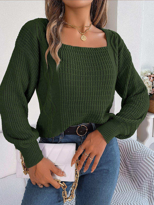 Square Neck Mixed Knit Sweater - Trendsi - Flyclothing LLC