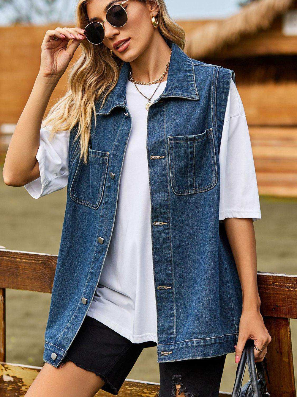 Button Down Denim Vest - Trendsi - Flyclothing LLC