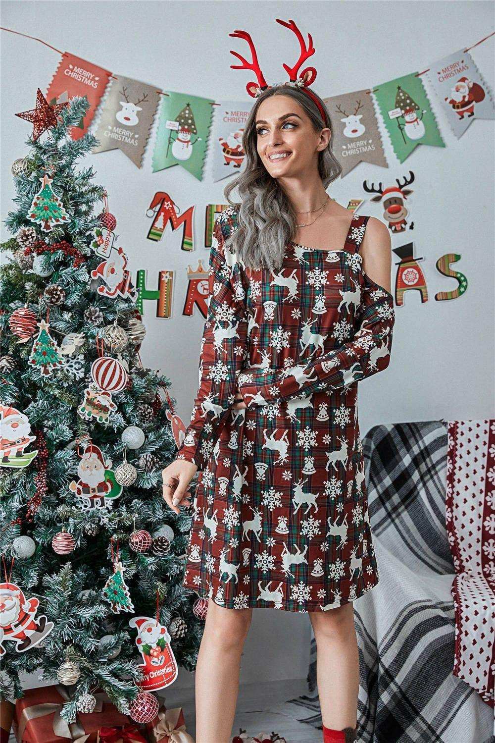 Christmas Asymmetrical Neck Long Sleeve Dress - Trendsi - Flyclothing LLC