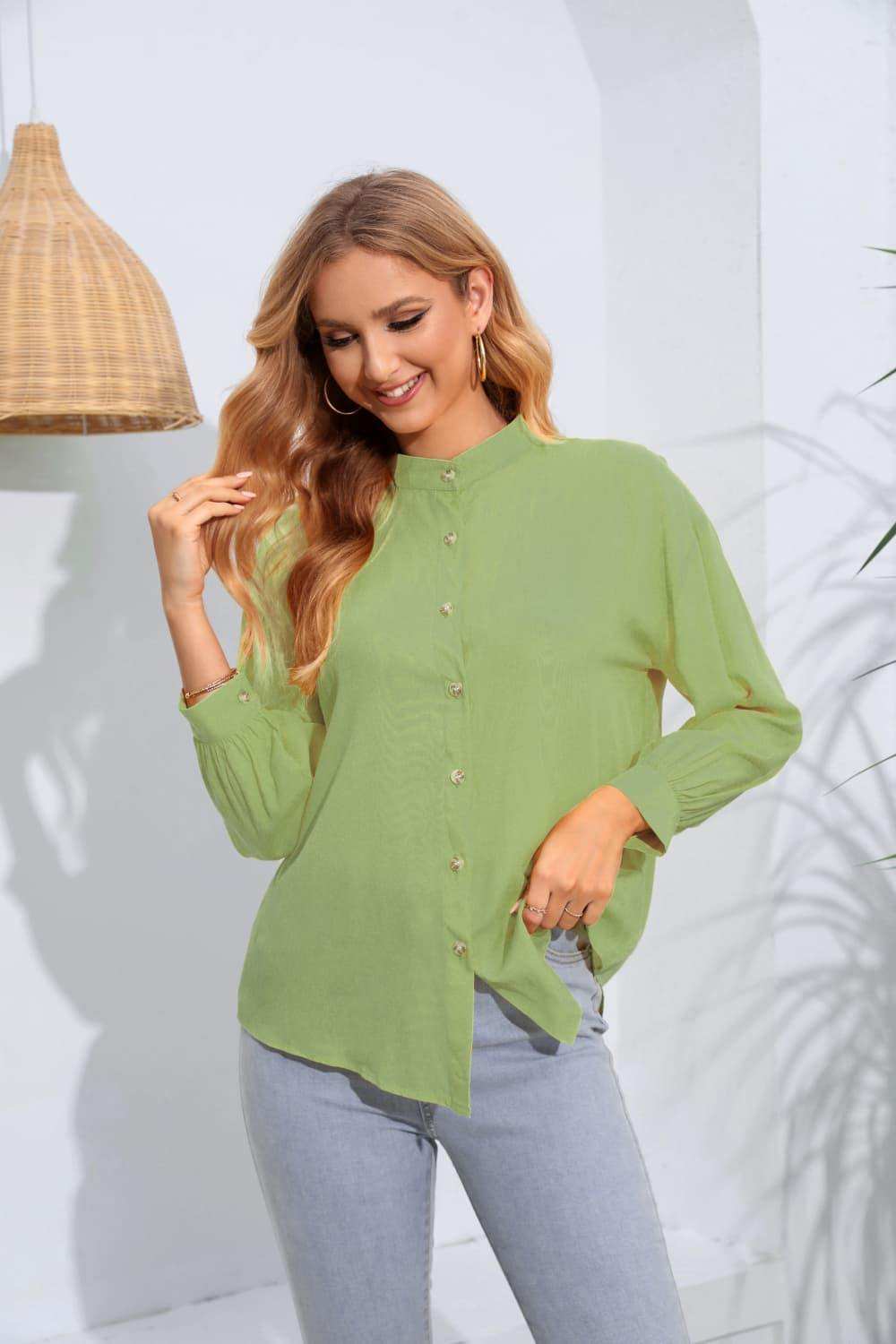 Mock Neck Buttoned Long Sleeve Shirt - Trendsi - Flyclothing LLC