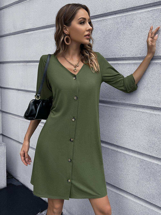 Button Down V-Neck Mini Dress - Trendsi - Flyclothing LLC