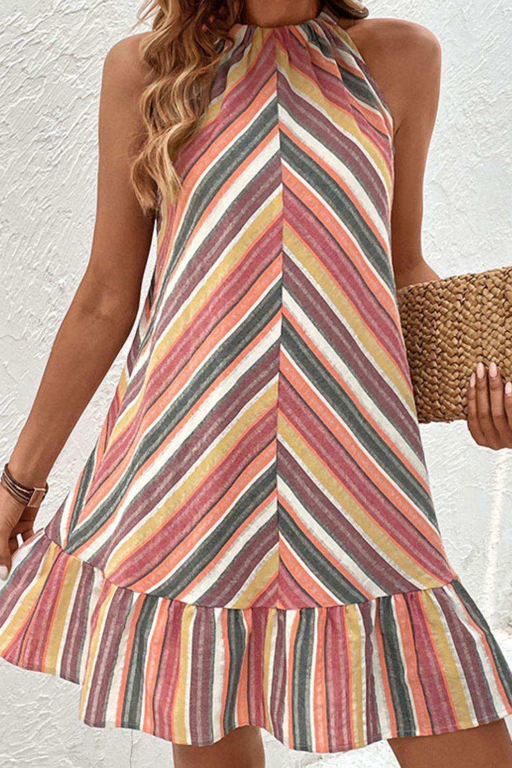 Striped Round Neck Sleeveless Mini Dress - Trendsi - Flyclothing LLC