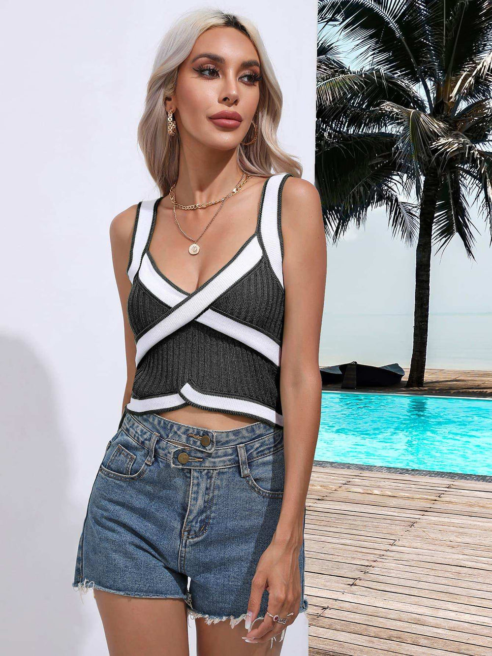 Contrast Crisscross Knit Tank - Trendsi - Flyclothing LLC
