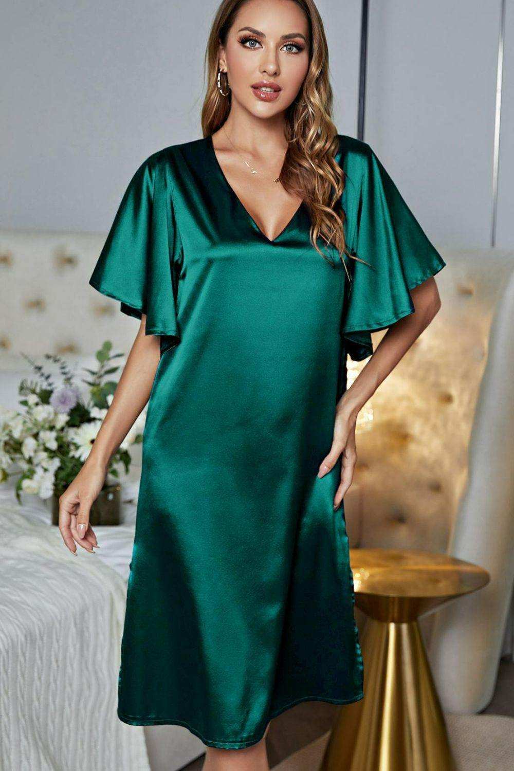 Satin Flutter Sleeve Side Slit V-Neck Night Dress - Trendsi - Flyclothing LLC