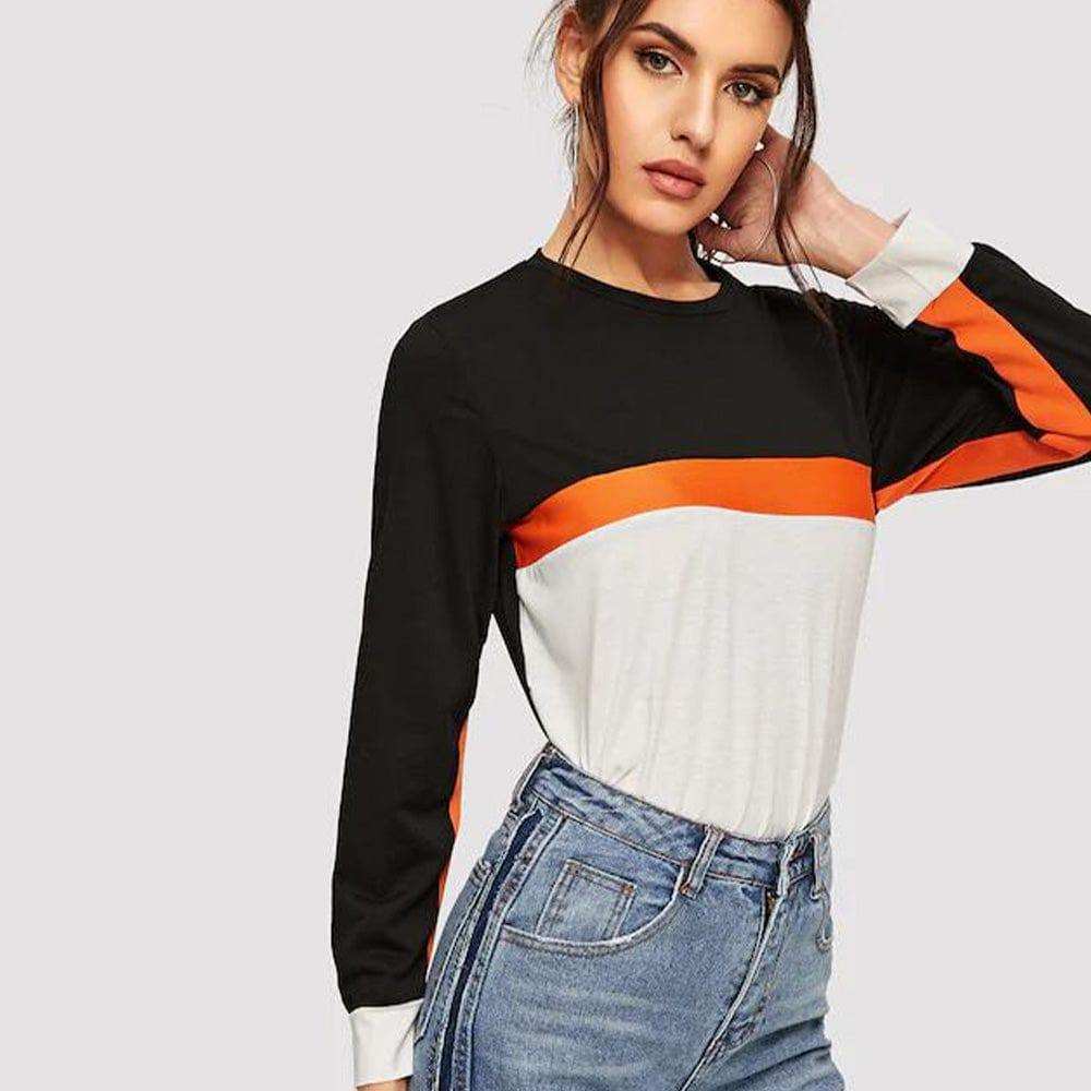 Color Block Round Neck Long Sleeve Tee - Trendsi - Flyclothing LLC