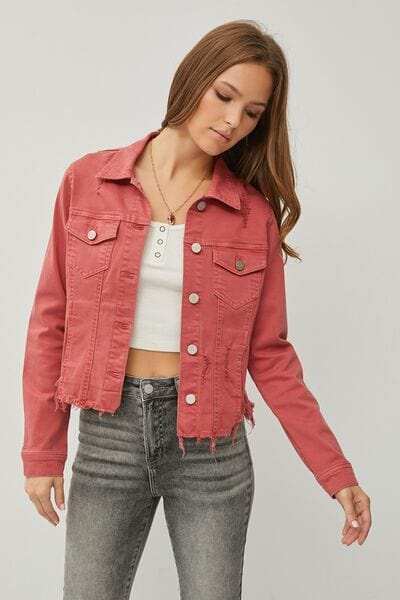 RISEN Raw Hem Button Up Cropped Denim Jacket - Trendsi - Flyclothing LLC