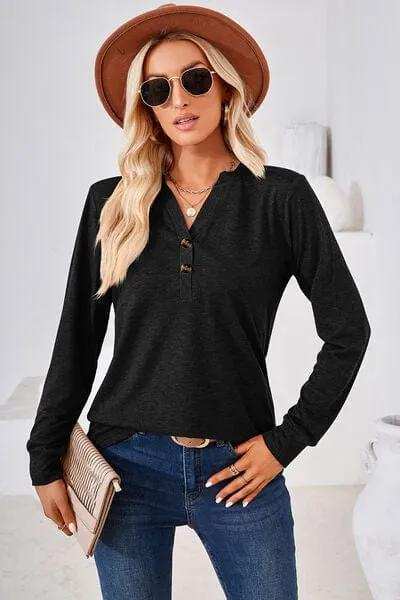 Notched Button Detail Long Sleeve T-Shirt - Trendsi - Flyclothing LLC