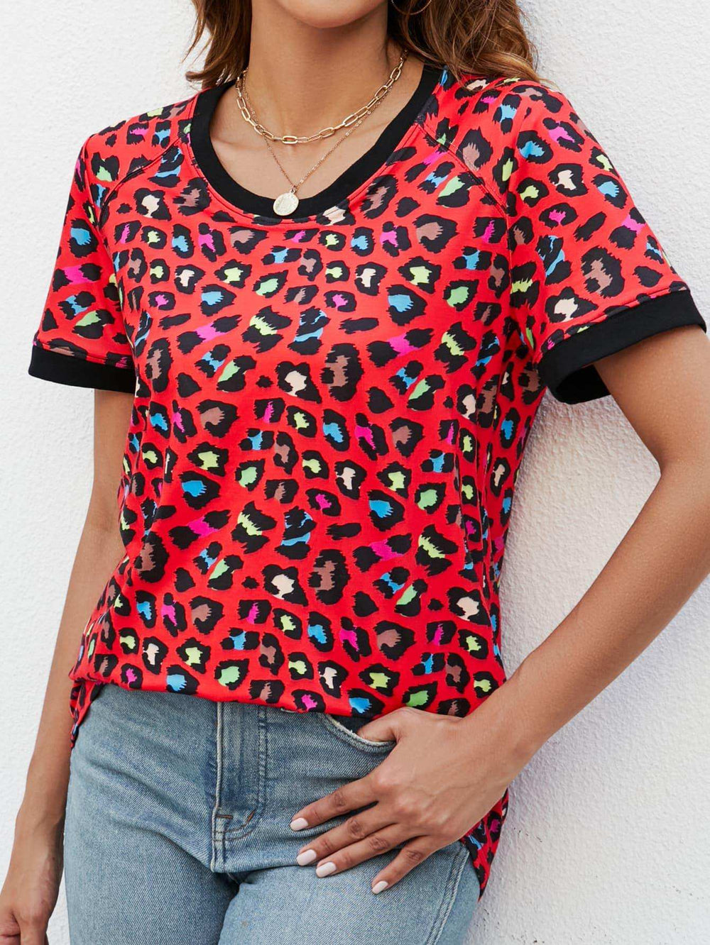 Leopard Round Neck Short Sleeve Tee Shirt - Trendsi - Flyclothing LLC