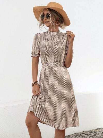 Printed Mock Neck Flounce Sleeve Dress - Trendsi - Flyclothing LLC