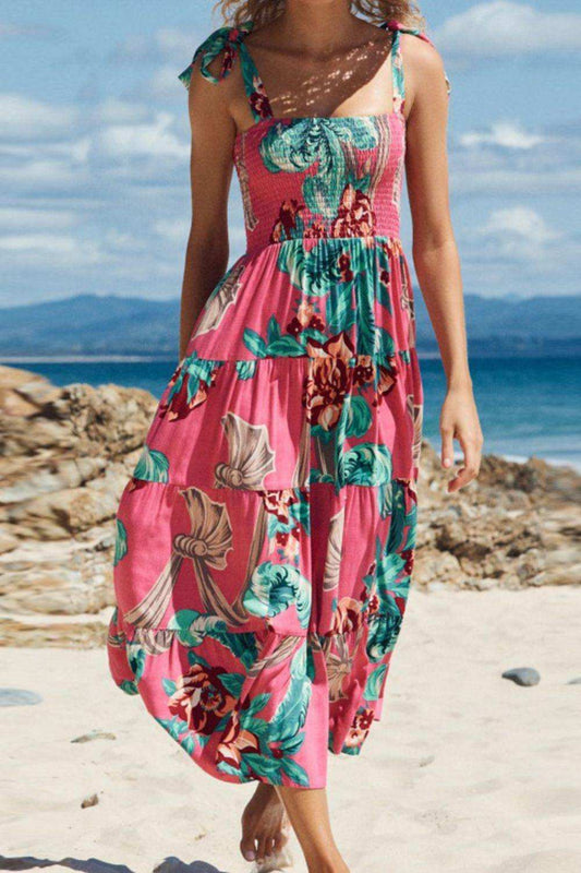 Floral Smocked Tie-Shoulder Tiered Dress - Trendsi - Flyclothing LLC