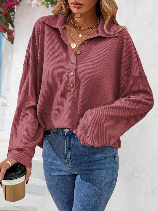 Half Button Collared Neck Long Sleeve Top - Trendsi - Flyclothing LLC