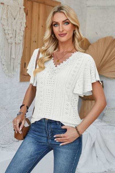 Eyelet Applique V-Neck Cap Sleeve T-Shirt - Trendsi - Flyclothing LLC