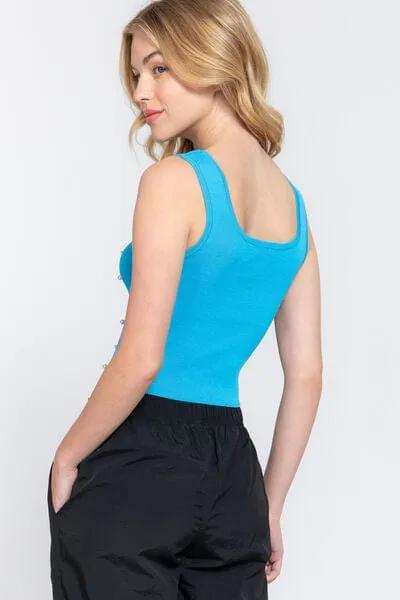 ACTIVE BASIC Pearl Detail Square Neck Cropped Tank - Trendsi - Flyclothing LLC