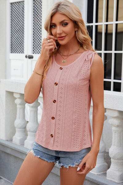 Eyelet Round Neck Wide Strap Tank - Trendsi - Flyclothing LLC
