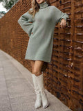 Turtleneck Dropped Shoulder Sweater Dress - Trendsi - Flyclothing LLC