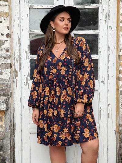 Plus Size Floral V-Neck Balloon Sleeve Dress - Trendsi - Flyclothing LLC