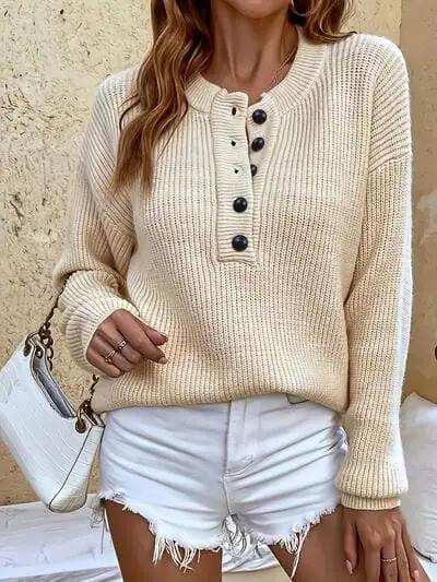 Half Button Dropped Shoulder Sweater - Trendsi - Flyclothing LLC