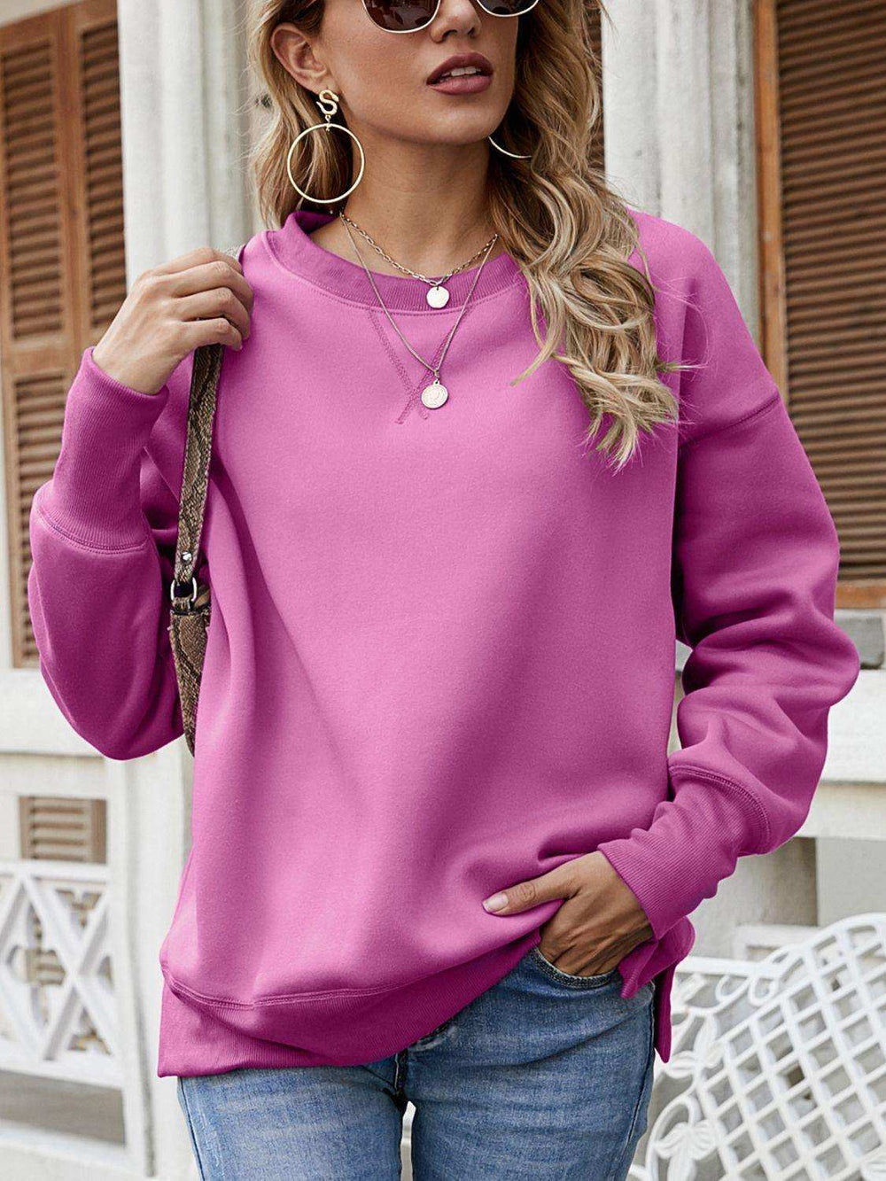 Dropped Shoulder Slit Sweatshirt - Trendsi - Flyclothing LLC
