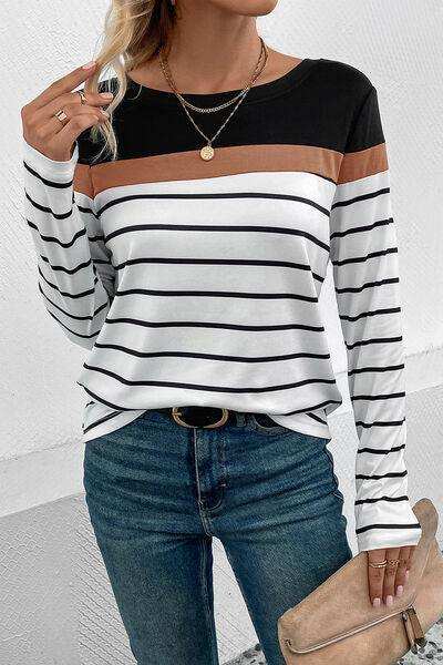 Striped Round Neck Long Sleeve T-Shirt - Trendsi - Flyclothing LLC