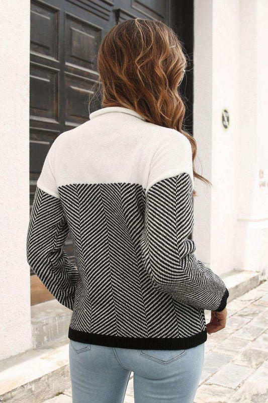 Two-Tone Mock Neck Dropped Shoulder Pullover Sweater - Trendsi - Flyclothing LLC