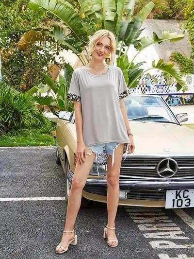 Leopard Round Neck Short Sleeve T-Shirt - Trendsi - Flyclothing LLC