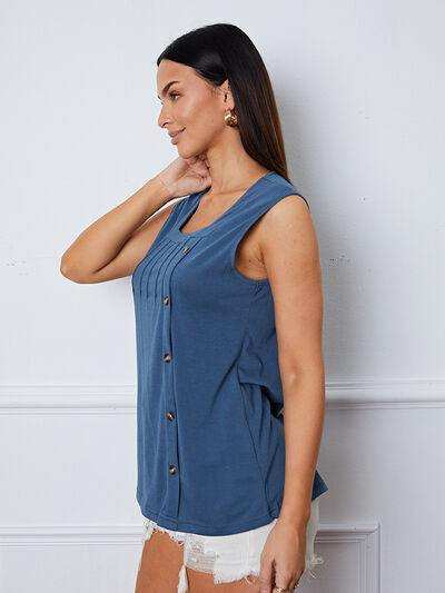 Square Neck Decorative Button Tank - Trendsi - Flyclothing LLC