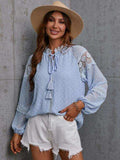 Crochet Tassel Tie Neck Long Sleeve Blouse - Trendsi - Flyclothing LLC