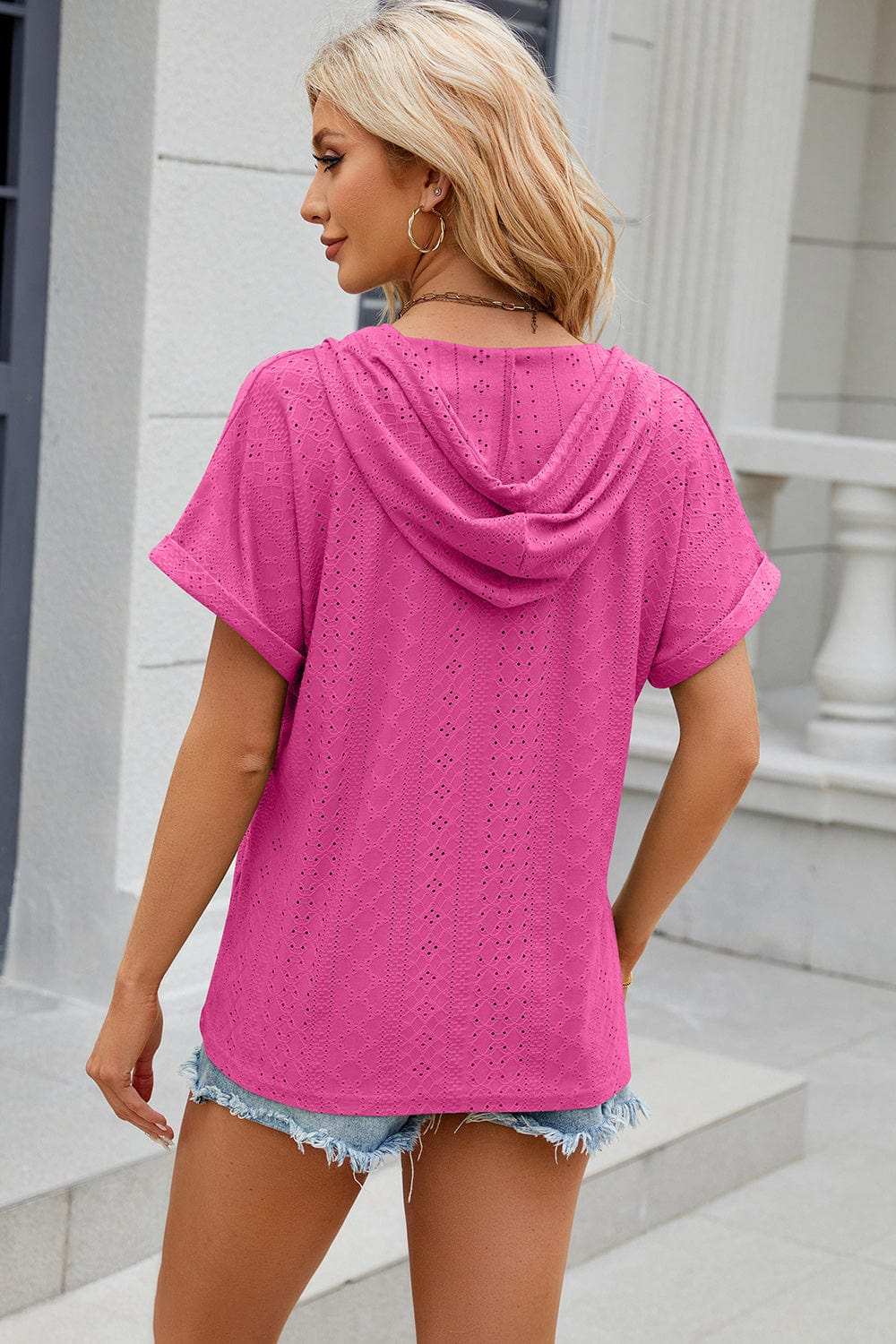 Eyelet Drawstring Hooded Short Sleeve Blouse - Trendsi - Flyclothing LLC