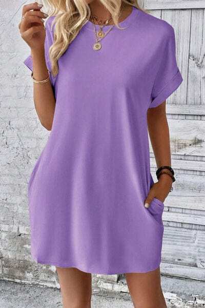 Pocketed Round Neck Short Sleeve Dress - Trendsi - Flyclothing LLC
