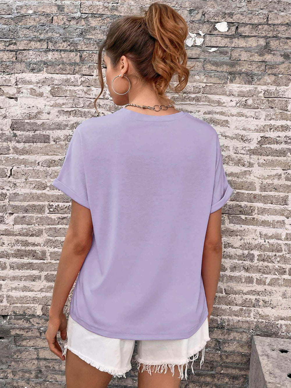 Round Neck Cuffed Sleeve T-Shirt - Trendsi - Flyclothing LLC